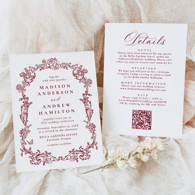 Burgundy Victorian Floral All in One Wedding Invitation (Creator Uploaded)