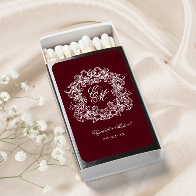 Burgundy Vintage Crest Wedding Monogram Favor Matchboxes (Creator Uploaded)