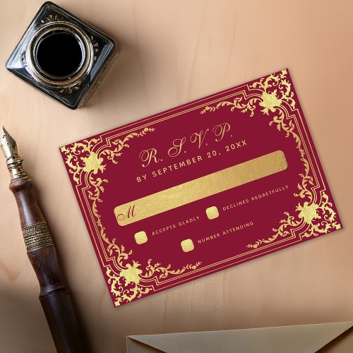 Burgundy Vintage Elegant Faux Gold Script Wedding  RSVP Card