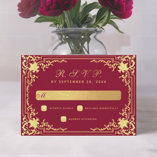 Burgundy Vintage Elegant Faux Gold Script Wedding  RSVP Card