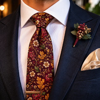 Burgundy Vintage Floral Luxury Autumn Wedding Neck Tie