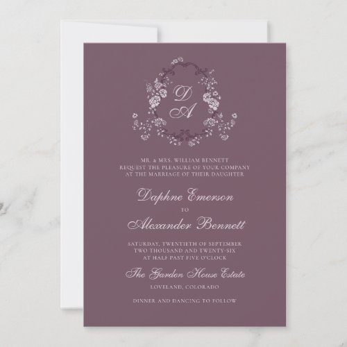 Burgundy Vintage Floral Monogram Crest Wedding Invitation