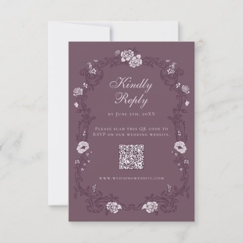 Burgundy Vintage Floral QR Code RSVP Card