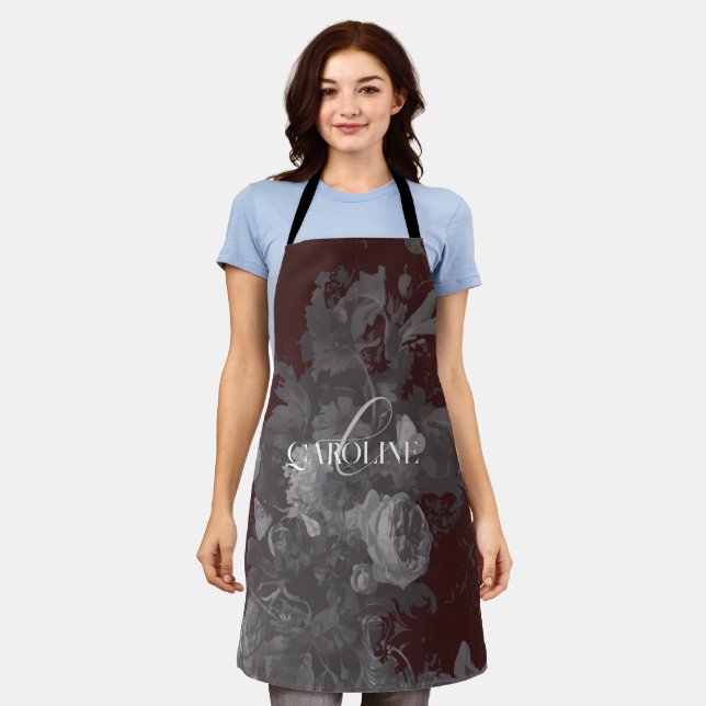 Burgundy Vintage Floral Still Life Stylish Apron (Worn)