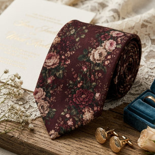 Burgundy Vintage Floral Wedding Neck Tie