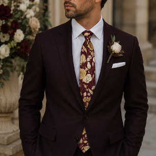 Burgundy Vintage Golden Floral Pattern Neck Tie