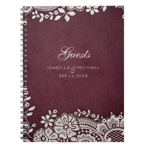 Burgundy vintage lace rustic wedding guest book