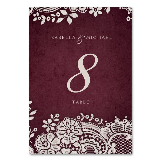 Burgundy Vintage Lace Rustic Wedding Table Card