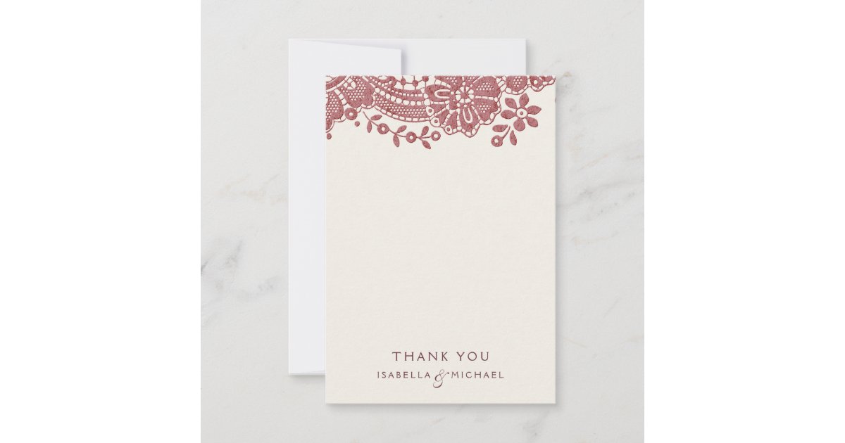 Burgundy vintage lace rustic wedding thank you card | Zazzle