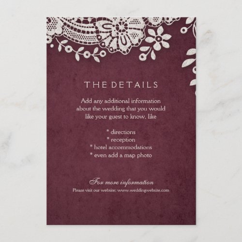 Burgundy vintage lace rustic weddng details card