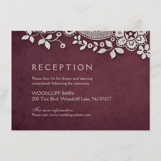 Burgundy vintage lace rustic weddng reception enclosure card (Front)