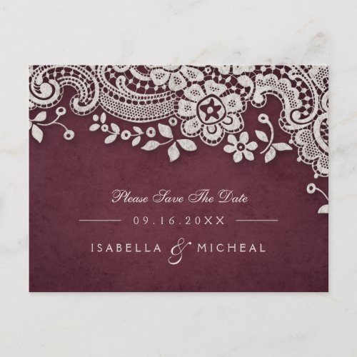 Burgundy vintage lace rustic weddng save the date announcement postcard