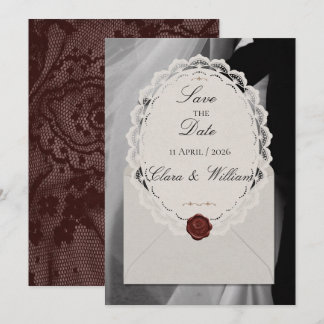 Burgundy Vintage Lace Wax Seal Photo Save the Date