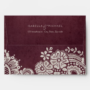 Burgundy vintage lace wedding return address envelope