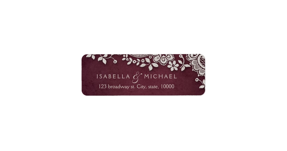 Burgundy vintage lace wedding return address label | Zazzle