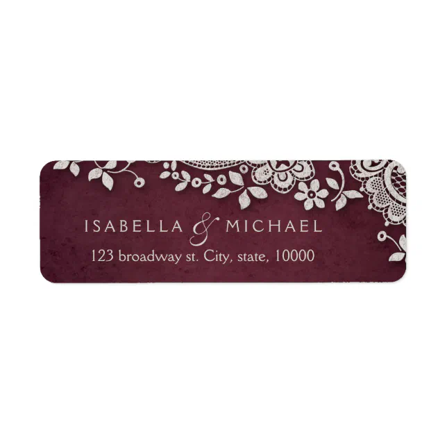 Burgundy vintage lace wedding return address label | Zazzle