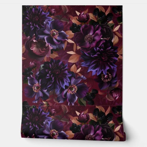 Burgundy Vintage Maximalist Flower Night Garden Wallpaper