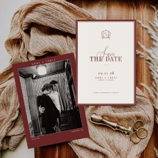 Burgundy Vintage Old Money Wedding Photo Save The Date