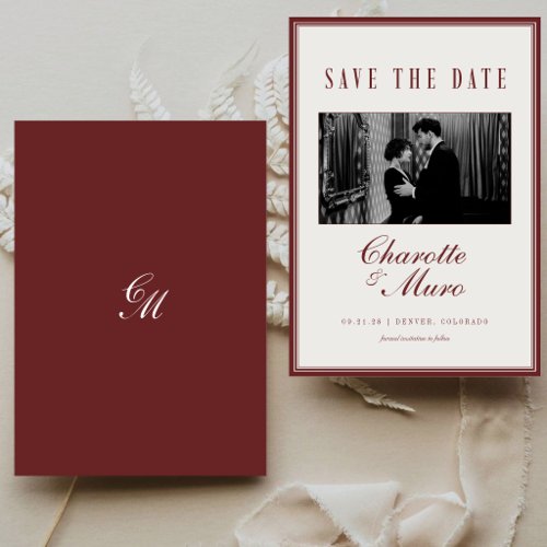 Burgundy Vintage Old Money Wedding Photo Save The Date