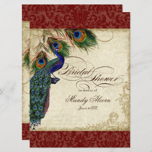 Burgundy Vintage Peacock Feathers Bridal Shower Invitation