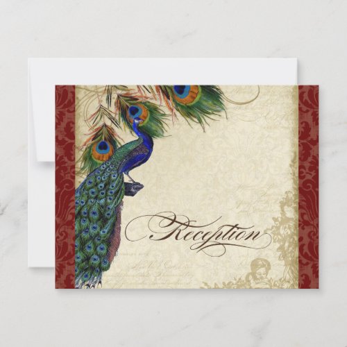 Burgundy Vintage Peacock Feathers Lace Reception Invitation