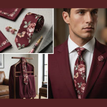 Burgundy Vintage Rose & Butterfly Men's Necktie