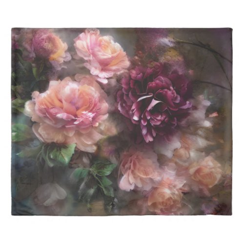 Burgundy Vintage Roses Painted In Old Dutch Style Duvet Cover