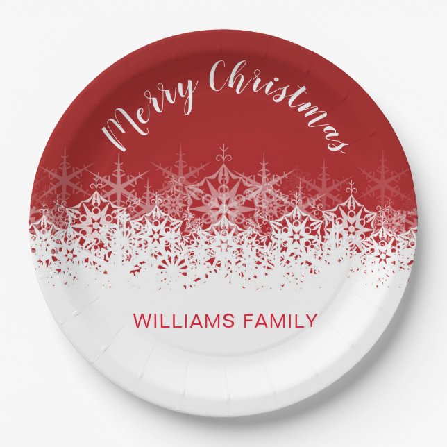 Burgundy vintage snowflake merry christmas paper plates (Front)