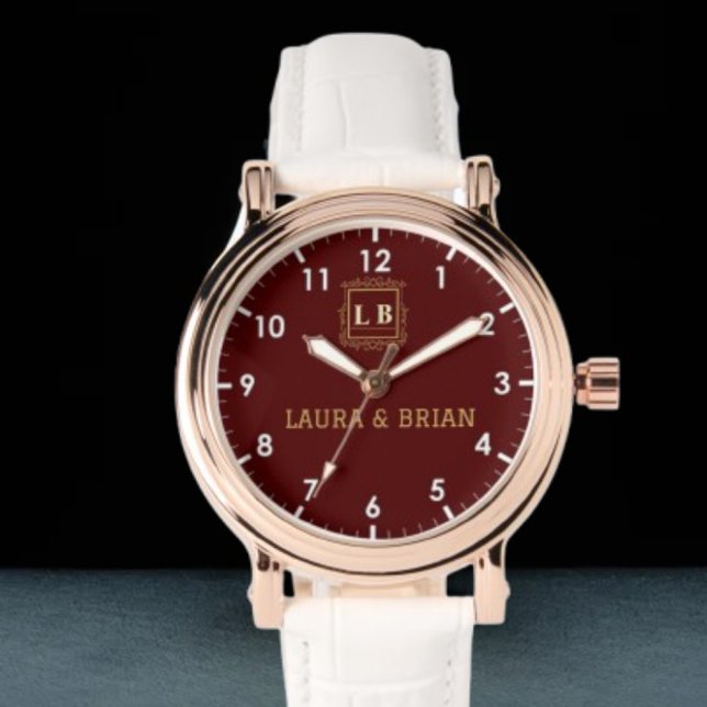 Burgundy Vintage style Monogram Couple names  Watch (Creator Uploaded)