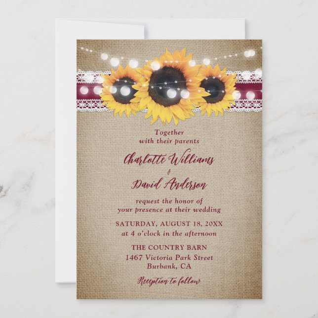 Burgundy Vintage Sunflower Burlap Lace Wedding Invitation (Front)