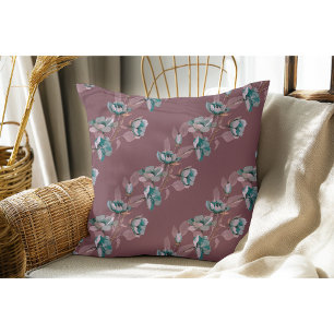 Burgundy Vintage Watercolor Blue Flower Stripes Throw Pillow