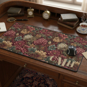 Burgundy Vintage William Morris Floral Monogram Desk Mat