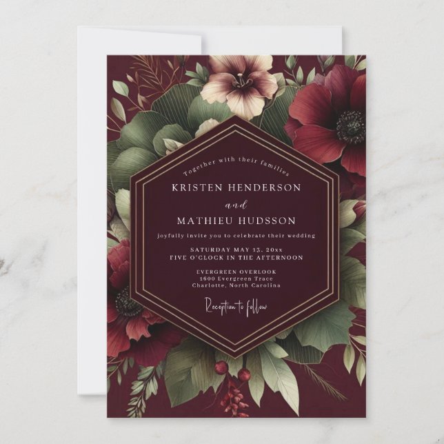 Burgundy Vintner Floral Wedding Invitation (Front)
