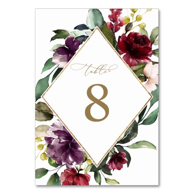 Burgundy Violet Flowers & Gold Frame Wedding Table Number (Front)