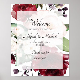 Burgundy Violet Peach Floral Wedding Welcome Sign
