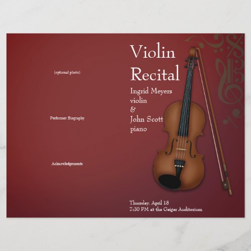 Burgundy Violin Viola Folded Recital Program