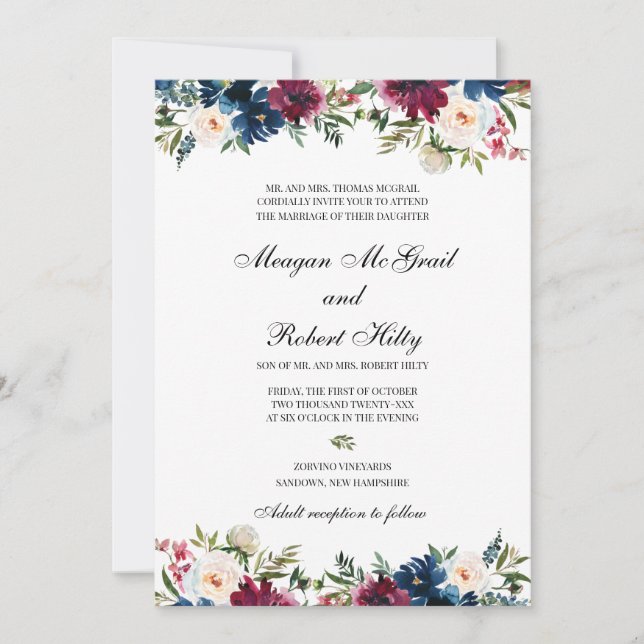 Burgundy Water Color Floral Design Wedding Invitat Invitation (Front)