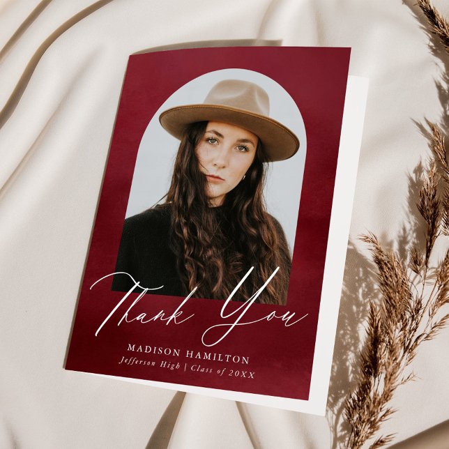 Burgundy Watercolor Arch Photo Graduation Thank You Card (Creator Uploaded)