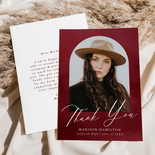 Burgundy Watercolor Arch Photo Graduation Thank You Card