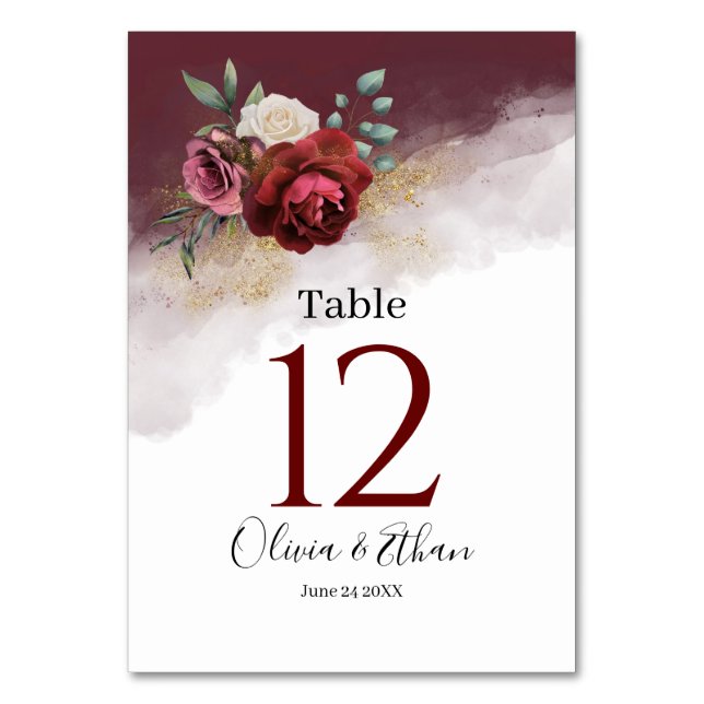 Burgundy Watercolor Blooms Gold Glitter Table Number (Front)