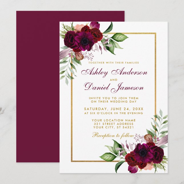 Burgundy Watercolor Boho Floral Wedding Gold Invitation (Front/Back)