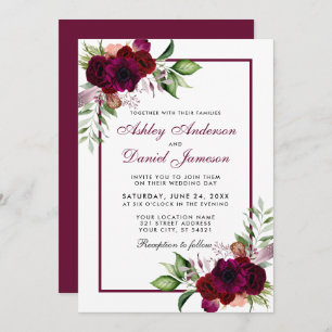 Burgundy Watercolor Boho Floral Wedding Invitation