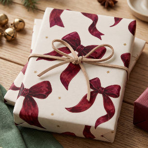 Burgundy Watercolor Bow Ribbon Garland Wrapping Paper Sheets