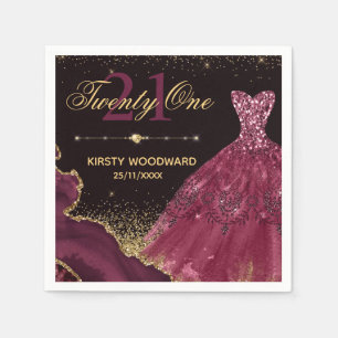 Burgundy Watercolor Dress & agate 21st Birthday Napkins