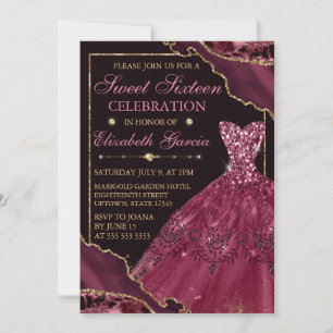 Burgundy Watercolor Dress & Agate Sweet 16 Invitation