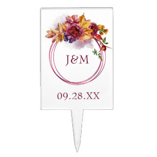 Burgundy Watercolor Fall Bouquet Elegant Wedding Cake Topper