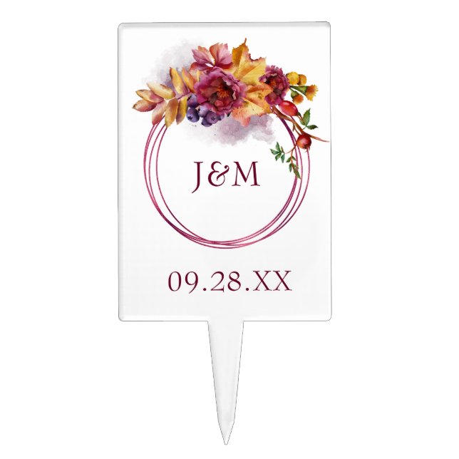 Burgundy Watercolor Fall Bouquet Elegant Wedding Cake Topper (Front)