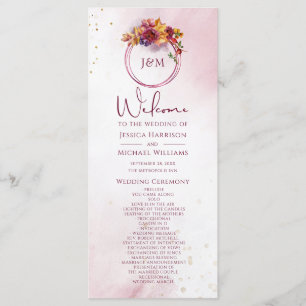 Burgundy Watercolor Fall Bouquet Elegant Wedding Program
