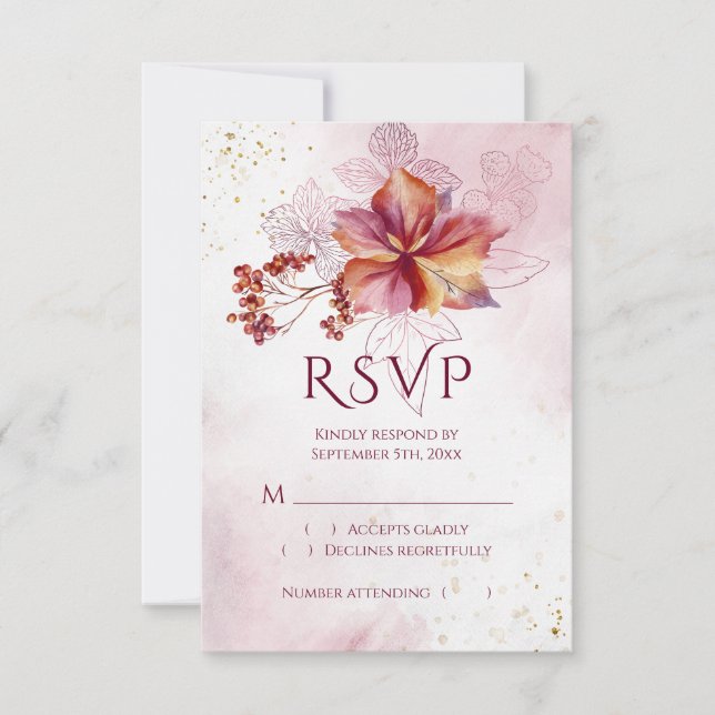 Burgundy Watercolor Fall Bouquet Elegant Wedding RSVP Card (Front)