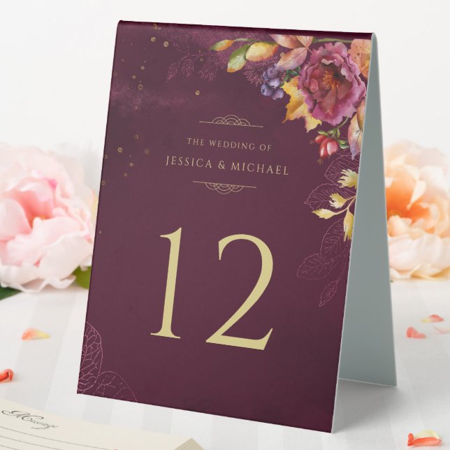 Burgundy Watercolor Fall Bouquet Elegant Wedding Table Tent (In SItu (Wedding))